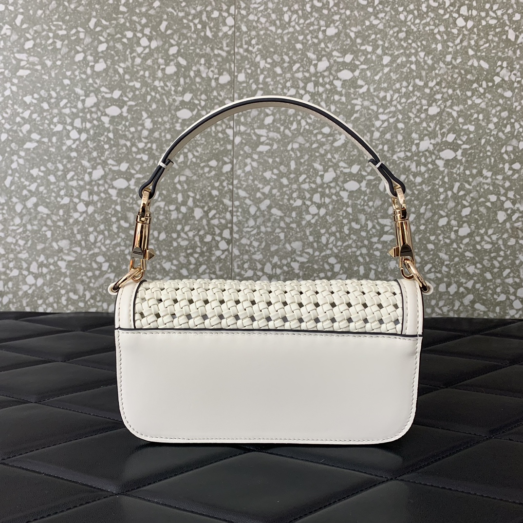 Valentino Garavani Loco Small Shoulder Bag in Ivory Metallic Woven Leather 